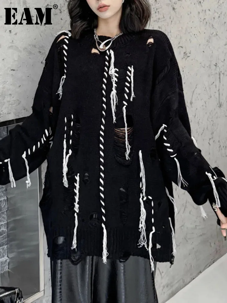 

[EAM] Black Tassels Big Size Knitting Sweater Round Neck Long Sleeve Women Pullovers New Fashion Spring Autumn 2024 1DH6878