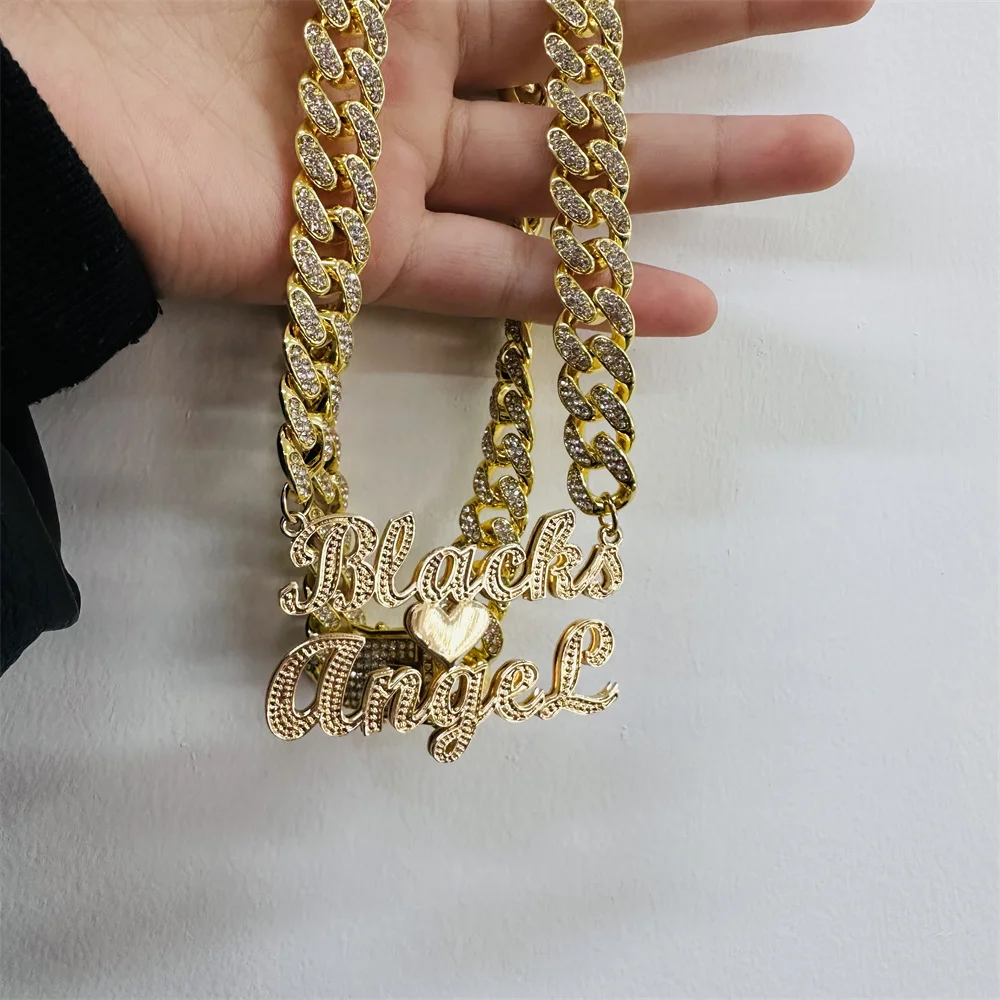 

Custom 3D Nameplate Necklace Double Layer Pendant Necklace Hip Hop Bling Iced Out Customized Jewelry for Women Men Cuban Link