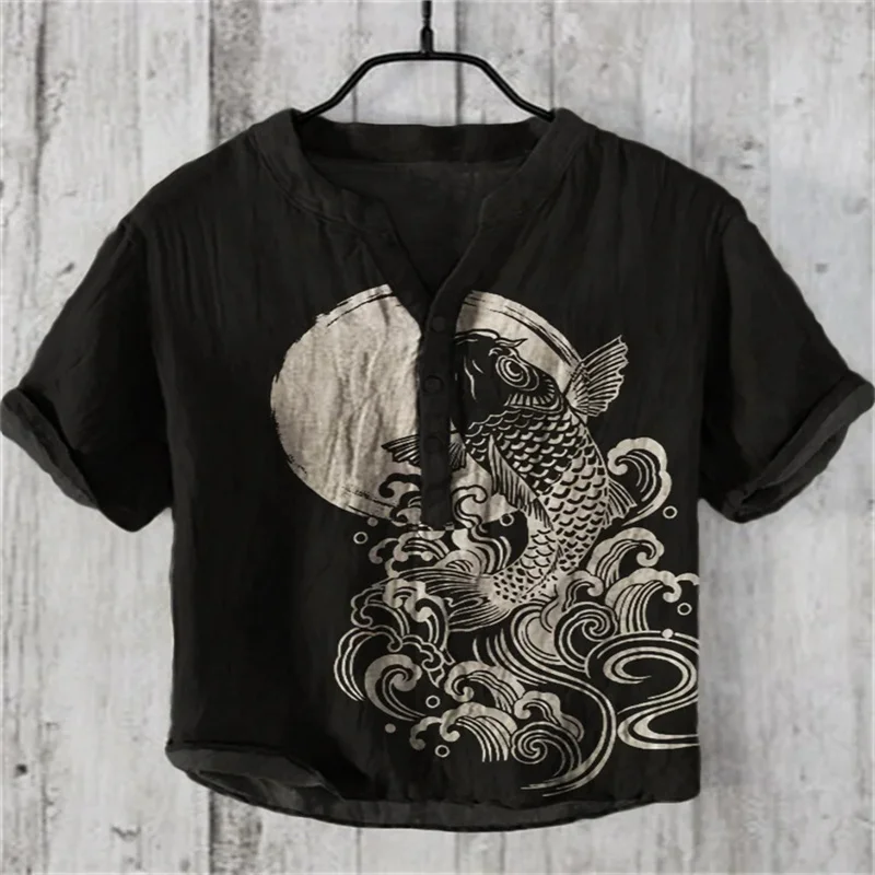 

2025 Spring/Summer Men's Short sleeved Shirt Stand Alone Casual Fish Pattern Hawaiian Style Shirt Men's Top Linen