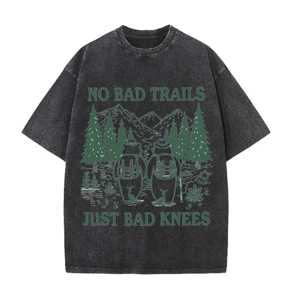 2026 Summer No Bad Trails Just Bad Knees Print T Shirt Funny Hiking Camping Nature Lover Casual Short Sleeve Outdoor Adventure M