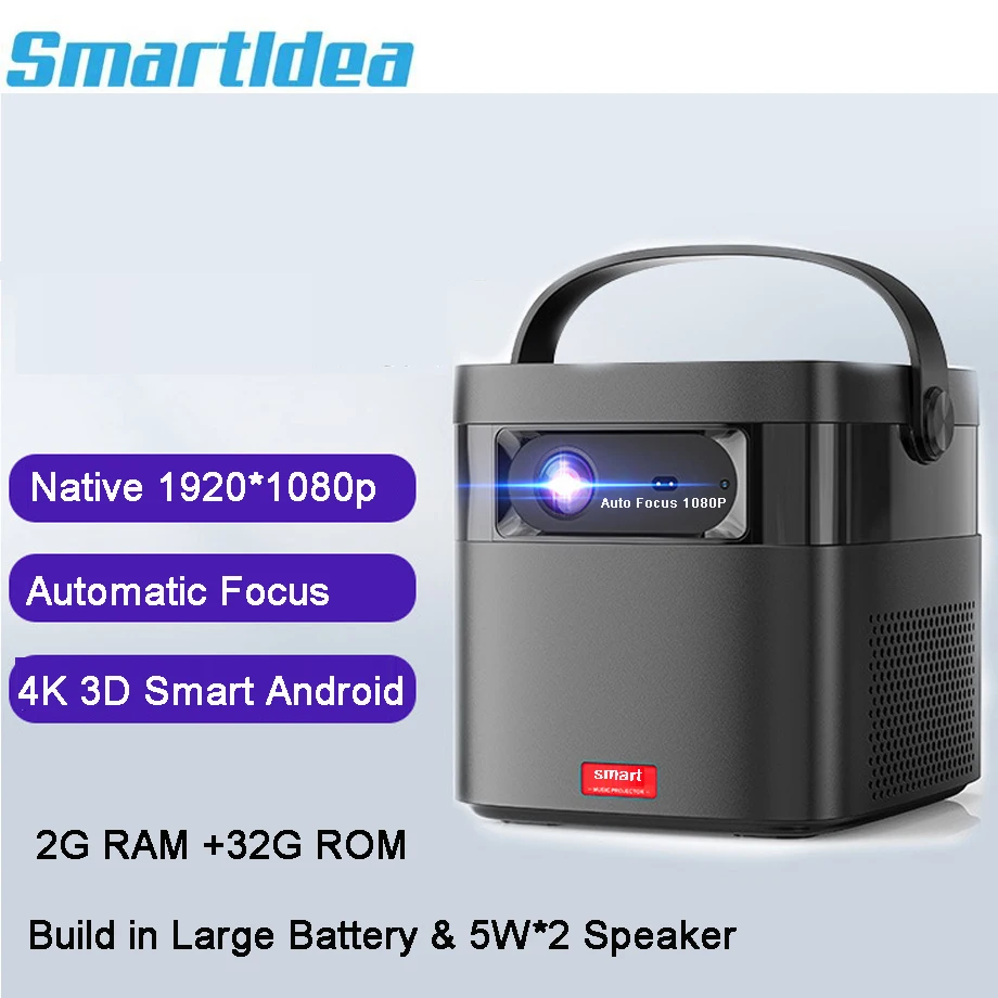 Smartldea M2 1080p Projector auto focus build 15600mAh battery Android 9.0 2G + 32G Support 4K blu-ray 3D 5G Wifi BT proyector