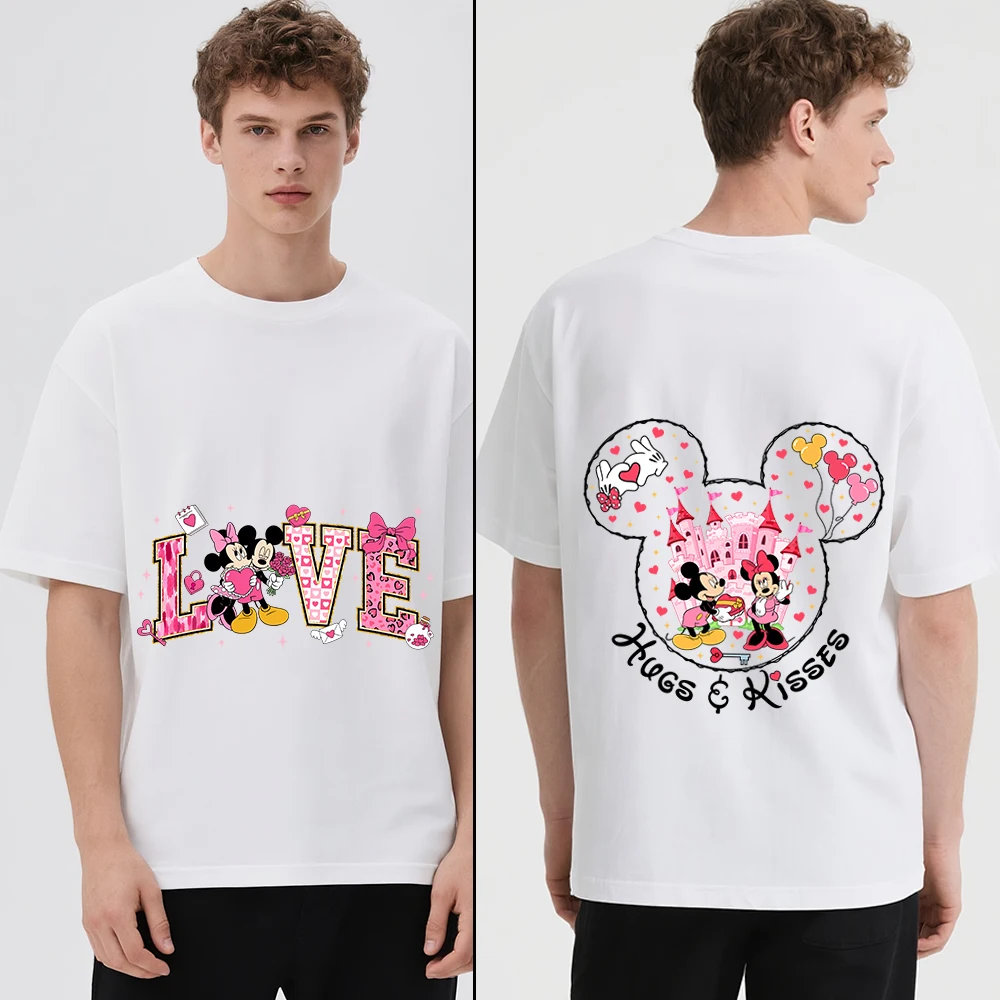 

Летняя футболка с короткими рукавами и принтом Дисней Микки и Минни на тему Дня святого Валентина 2026 года, двусторонняя, 100% хлопок, для мальчиков и девочек