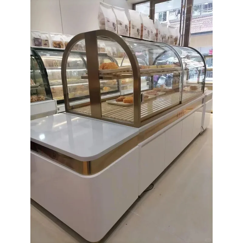 custom.Commercial Bakery Bread Display Stand LED Lighting Varnished Glass Back Heavy Duty Construction Customizable