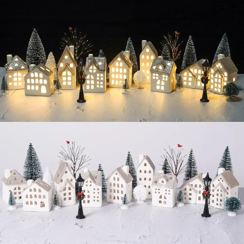 29 Ceramic Christmas Village Sets, Christmas Pine Trees with Tea Lights, Christmas Streetlights, White Porcelain Houses