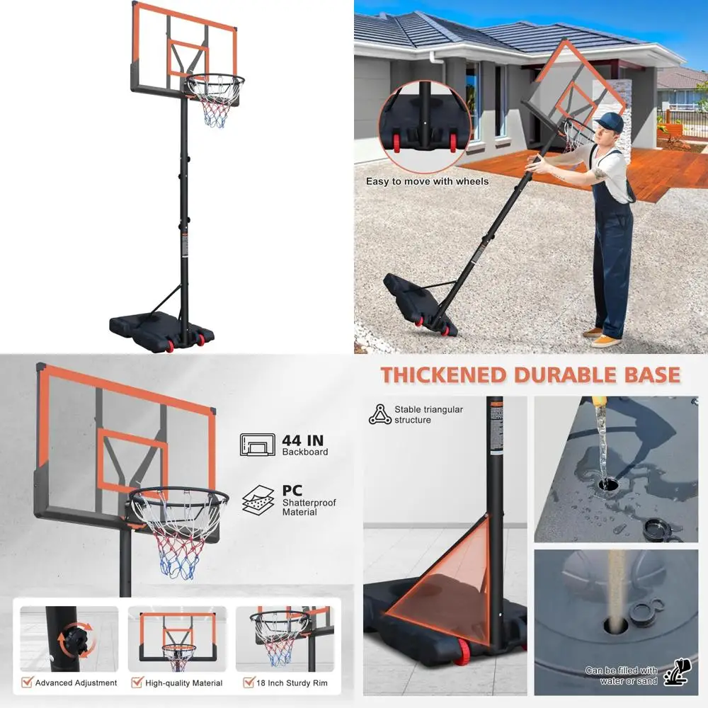 

Adjustable Height Basketball Hoop with Shock Absorbent Rim, 44in Backboard, Outdoor Goal for Regulation Play
