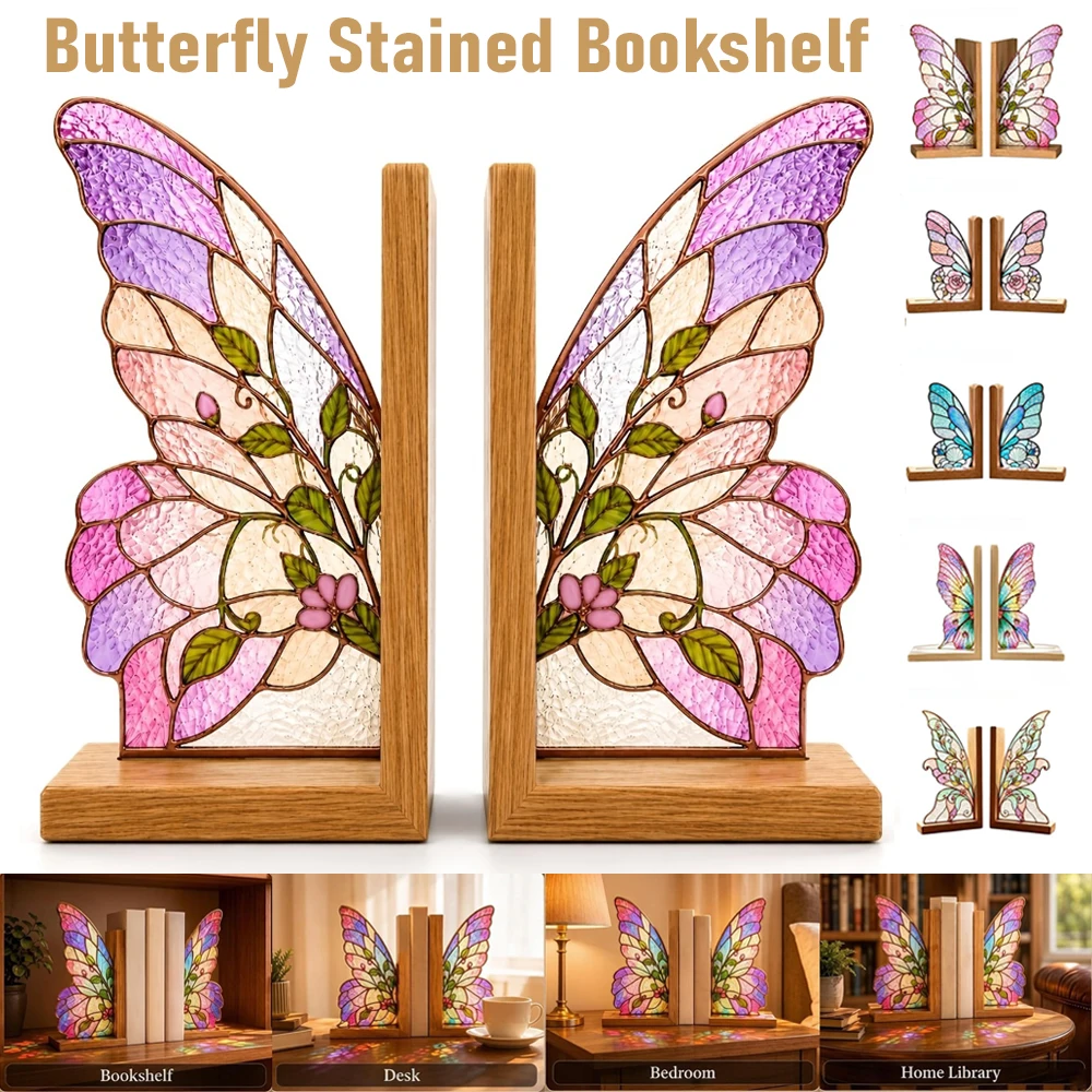 Floral Butterfly Stained Bookshelf, Support Bookend Set with Wooden Bases and Floral Acrylic Panels Book Holder for Reader Gifts