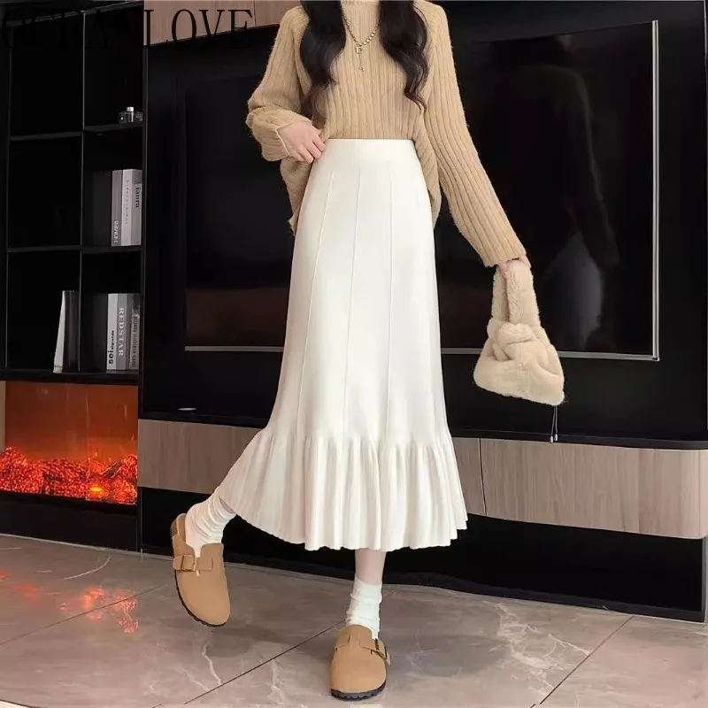 

OCEANLOVE Ruffles Long Skirts Autumn Winter Solid Knitted Sweet Korean Fashion Faldas Mujer Thick A-line Elegant Women Skirt