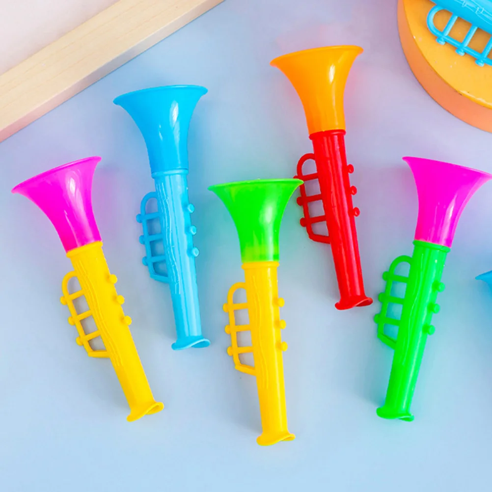 20 piezas Mini juguetes de trompeta de plástico para niños, instrumentos musicales coloridos y ligeros seguros para bebés, regalo divertido, sonido fuerte