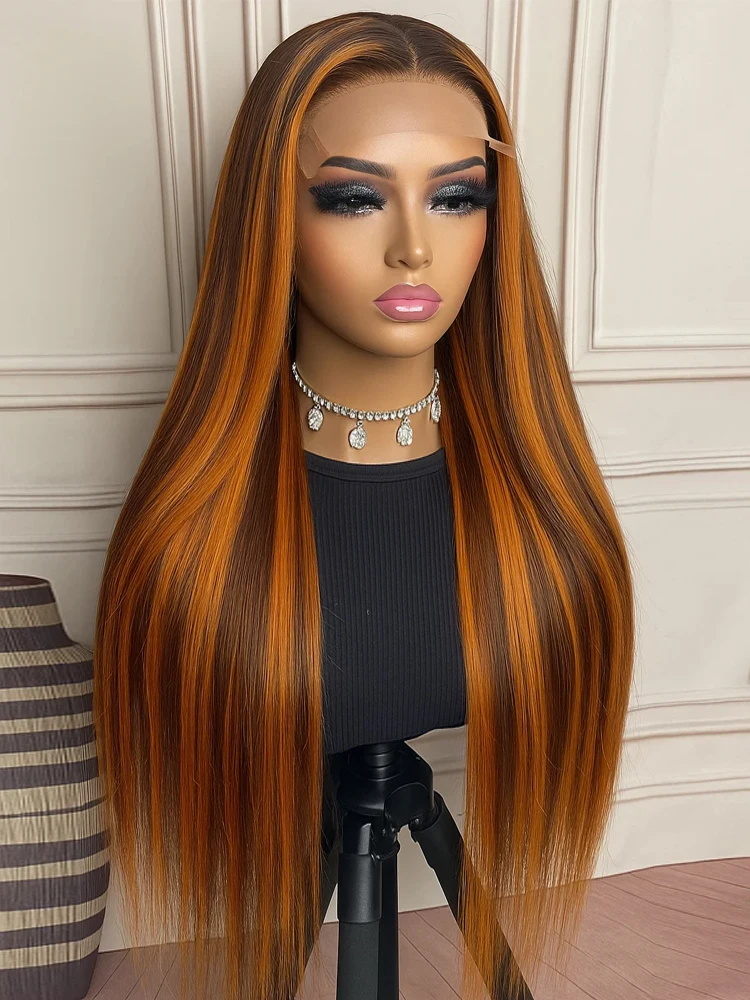 Peluca precortada 5x5 sin pegamento, fácil de instalar, cabello humano, desgaste y Go Bone Staight, peluca de encaje resaltado, pelucas de color marrón jengibre 4/350