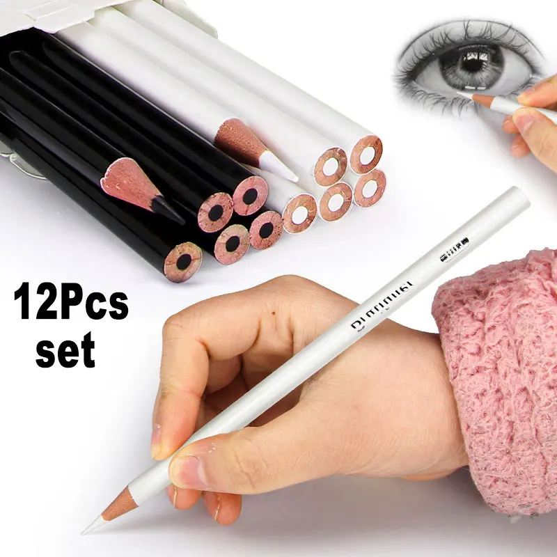 

12Pcs Set Art Sketch Oily Pencil Round Handle Black White Color 3.0mm Lead Core For Shadow Highlight Details Drawing Processing