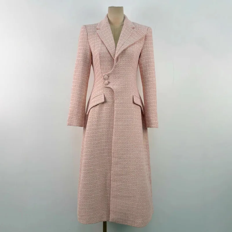 QMQA moda mujer elegante Rosa Tweed gabardina solapa manga larga adelgazante cintura alta rompevientos 2025 Ropa nueva 1A922