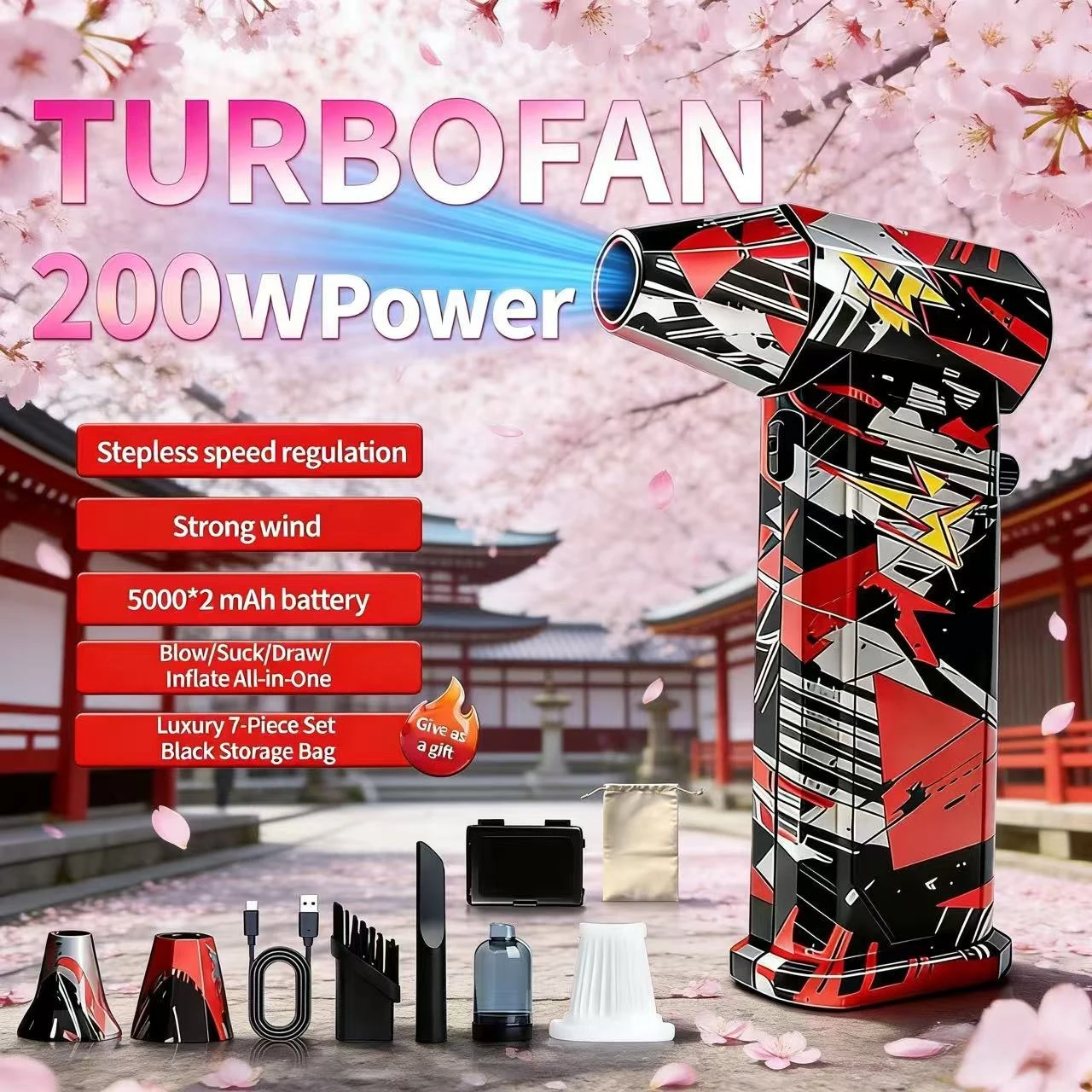 

Brushless vacuum X9 silver-black-red fan, 400,000 RPM, wind speed 75m/s, turbo jet hair dryer，car wash gun，Snow Dust Cleaner.