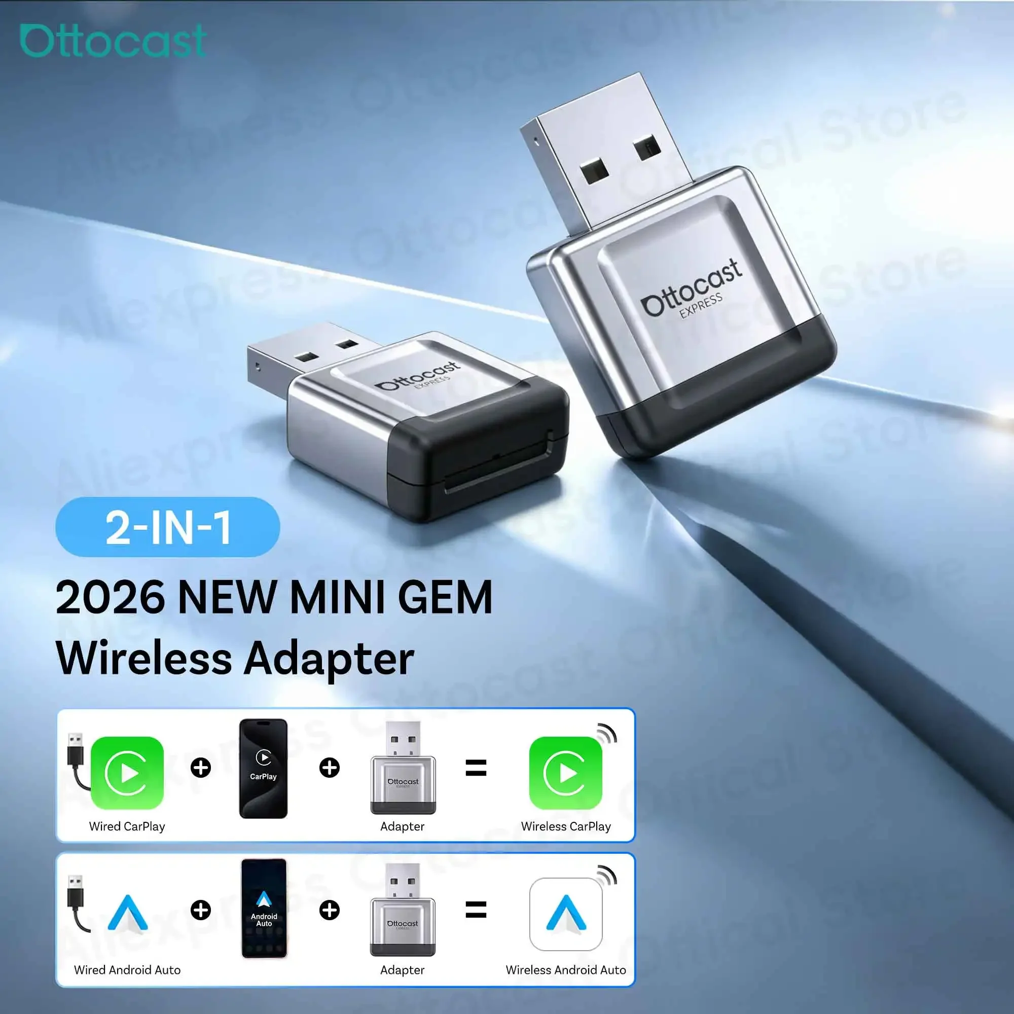 OTTOCAST 2026 Mini Gem Adapter 3.0 Wireless CarPlay Android Auto Bluetooth Car Accessories for Toyota VW Ford Chevrolet Hyundai
