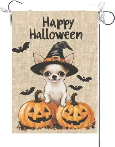 Happy Halloween Chihuahua Garden Flag 12x18 Double Sided for Outside,Horror Ghost Castle Pumpkin bat Fall Autumn Witch Hat S AAO