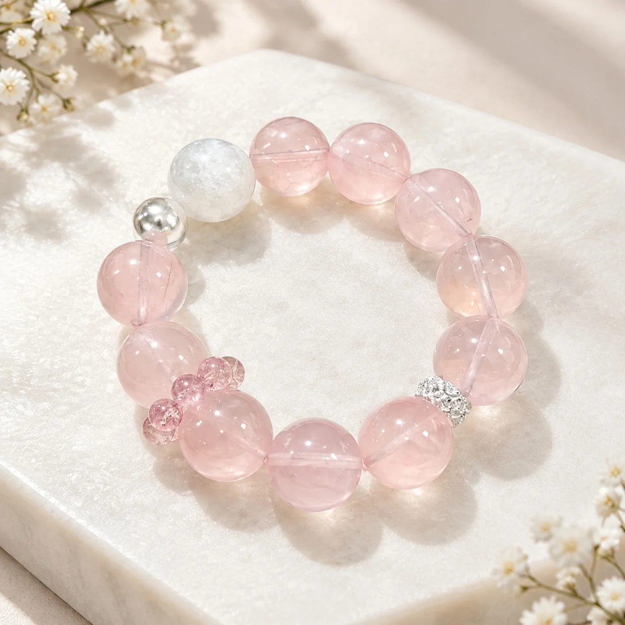 Beaded Bracelet with Sliding Bead Rose Quartz Snowflake Phantom Crystal and Strawberry Quartz 13mm Beads for Women Daily Wear