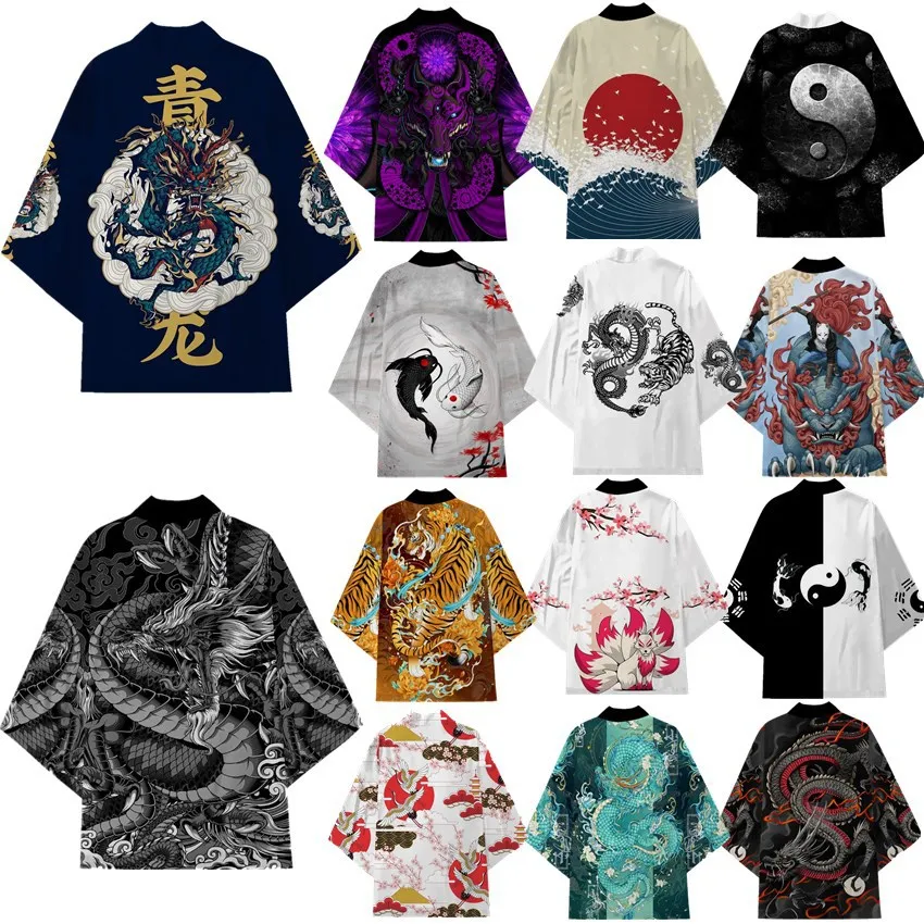 Chinese Dragon Totem Cloak China-Chic Personalized Feather Knitted Cardigan Kimono Cloak 3/4 Sleeve Taoist Robe Male