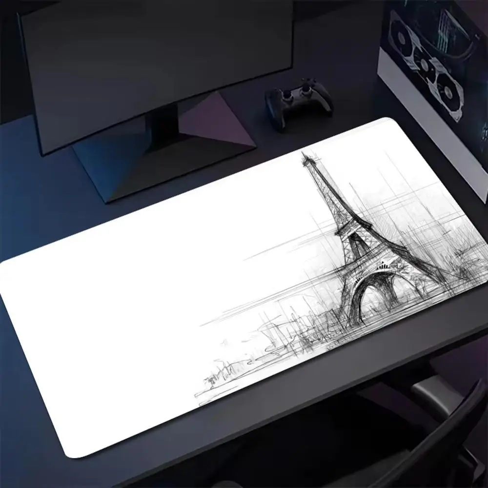 Paris Eiffel Tower Large Gaming Mouse Pad XXL Hand Drawn Sketch Desk Mat Non-Slip Rubber Keyboard Mat Office Desktop Table Mat