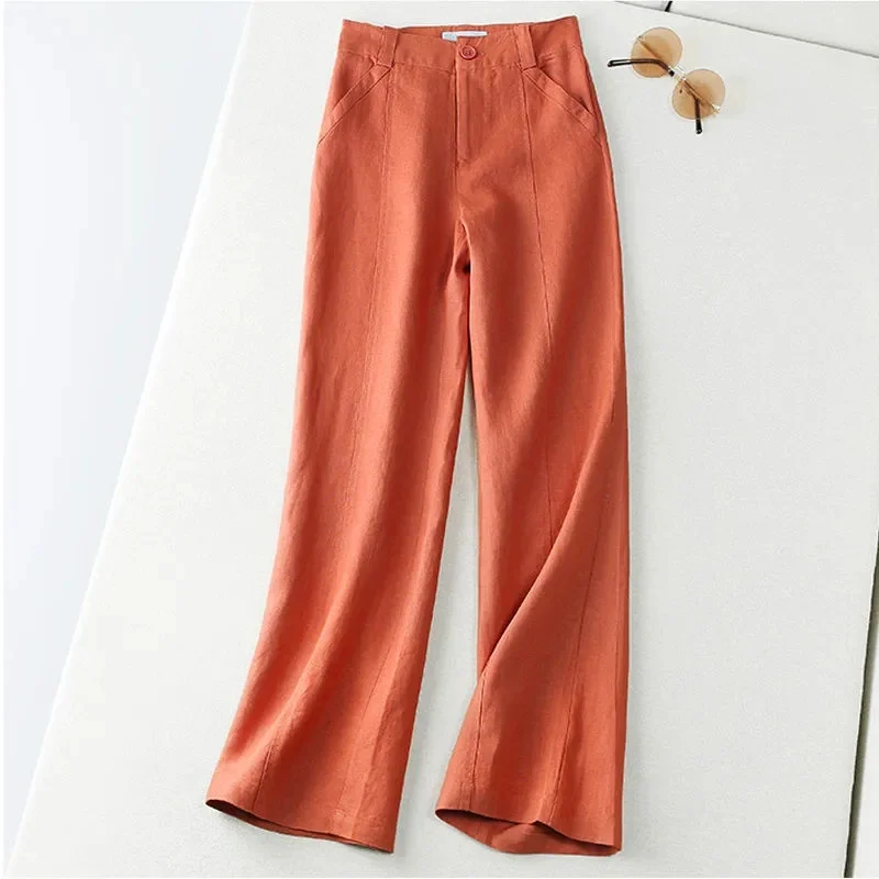 Women Cotton And Linen Wide Leg Pants Female Solid Color Loose Fitting Flax Straight Leg Trousers Ladies Leisure Flax Pantalons