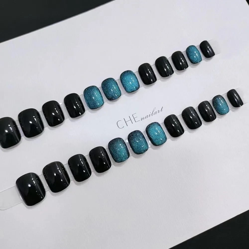 Detachable Cat's Eye French Fake Nails Wearable Manicure Valentine's Day Press on Nails Square Shape Full Cover False Nail Women