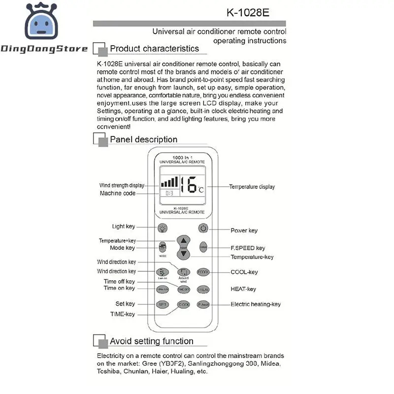 Universal Wireless Air Remote Control K-1028E 1000 in 1 AC Digital LCD Remote Control for Air Conditioner