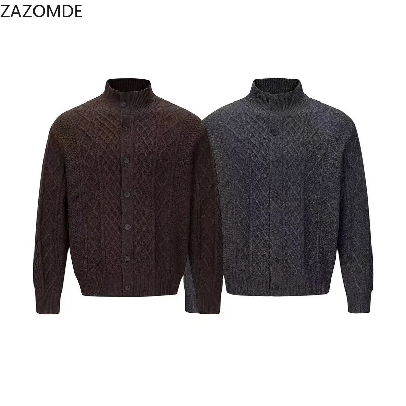 Men's Thick Knit Cardigan Mock Neck Button Front Cable Aran Pattern Long Sleeve Casual Loose Warm Daily Tops Cardigan Sweaters