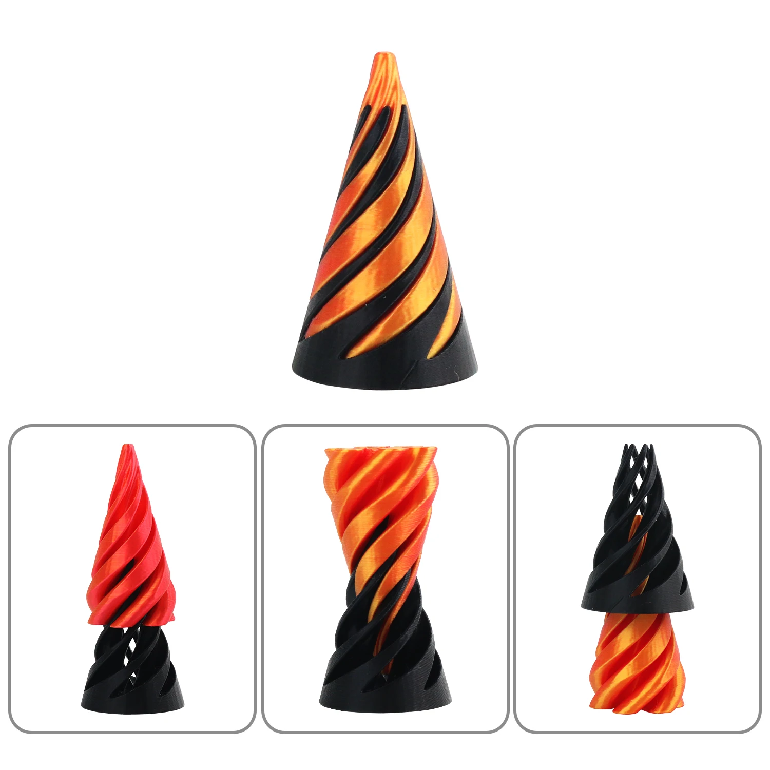 3D printed spiral cone fingertip toy, decompression artifact, rotating tree decompression, dual color vortex 3D toy