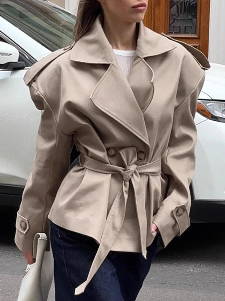 

Vintage Solid Slim Women Windbreaker Turn-down Collar Long Sleeve Lace Up Waist Cinching Jackets New Chic Lady Coats Top