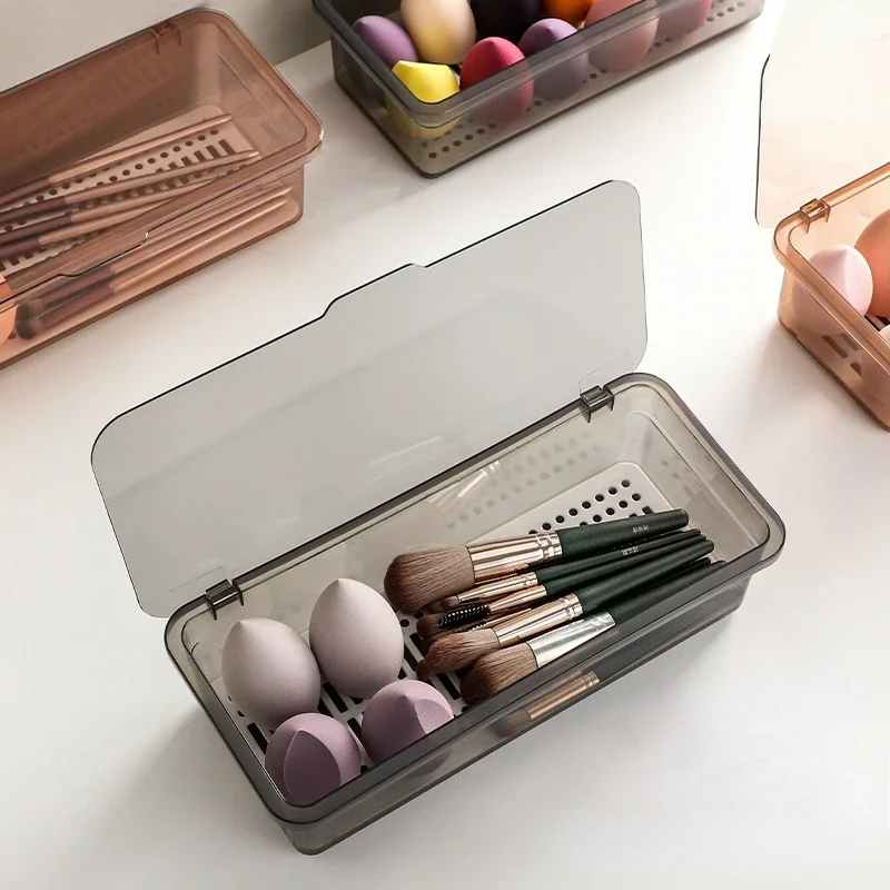 Transparent Makeup Brush Storage Box Dustproof Beauty Egg Lipstick Storage Box With Cover Portable Desktop Storage Bucket