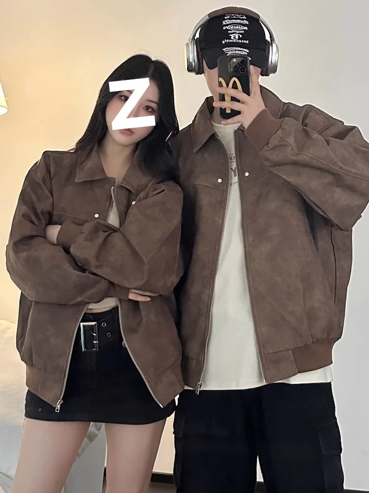 

American Retro Brown Turn-Down Collar Leather Jacket For Women, Melard High-End Suede Couple Jacket, Autumn And Winter Coat