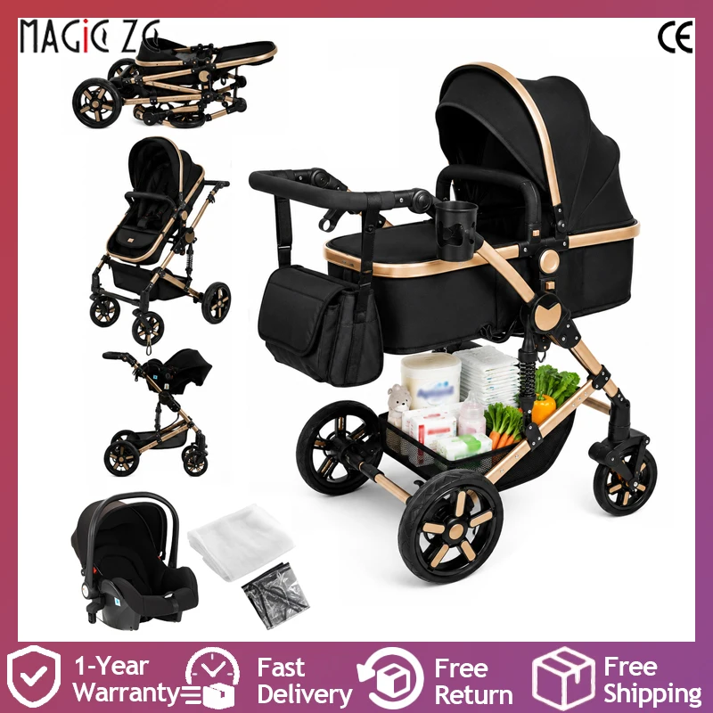 Poussette 3 en 1 haut de gamme pour bébé, système de voyage avec nacelle et siège auto, cadre léger en aluminium, pliage à une main, siège réversible, roues amortissantes, grand panier de rangement, capote anti-UV, coussin confortable pour nouveau-né, pour l'extérieur