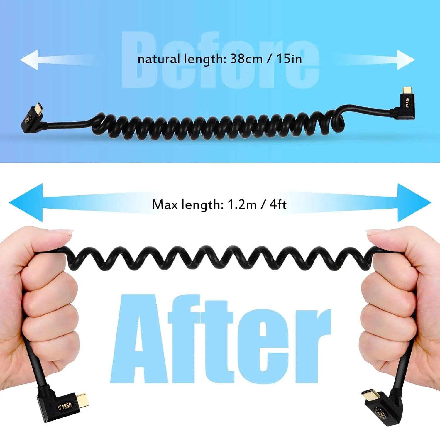 3.9ft USB 4.0 Type C Coiled Spring Cable,Bidirectional 40Gbps,240W PD Charging,8K@60Hz Video, Straight to Up Down Angle Male