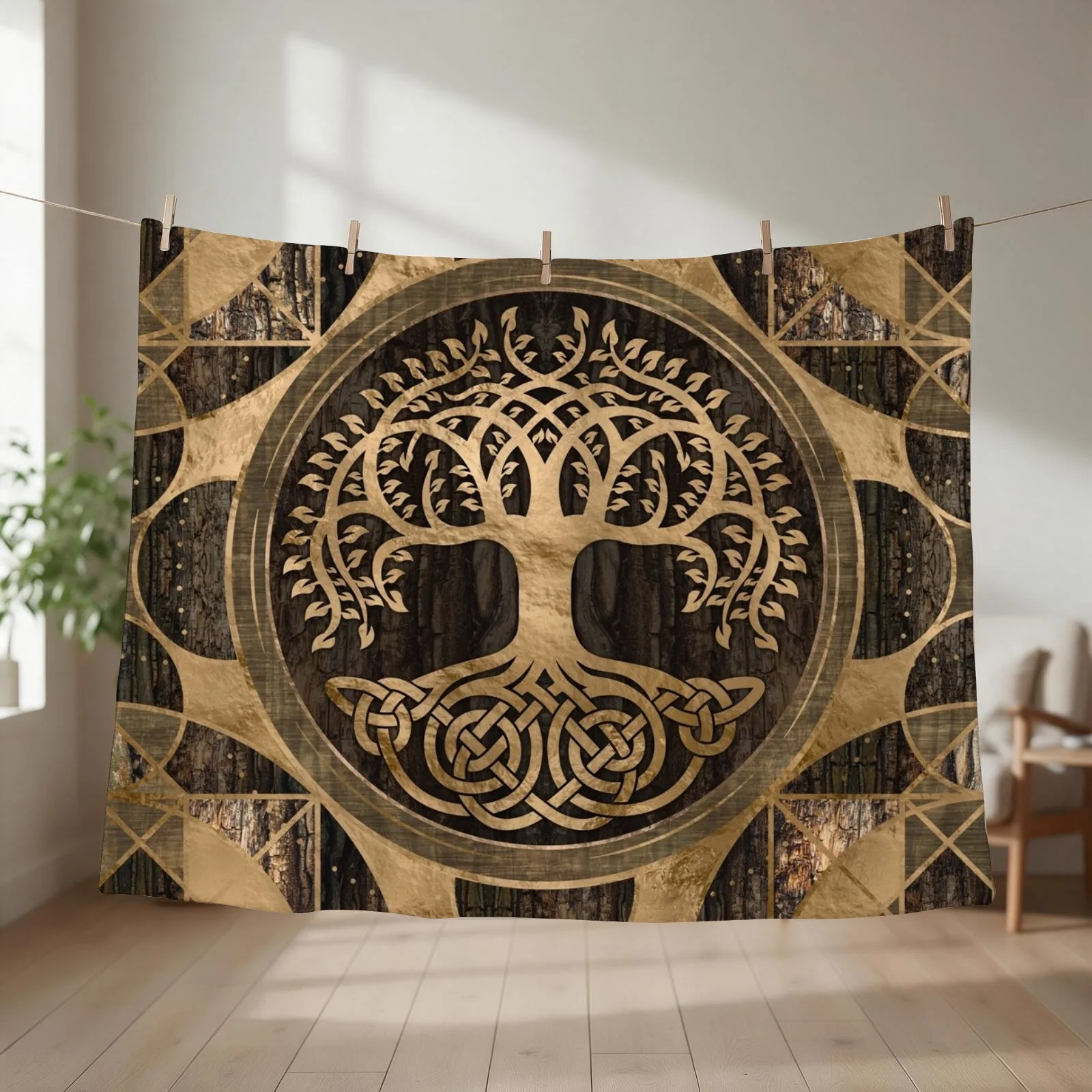 Tree of life -Yggdrasil - Wood Bark and Gold Throw Blanket couch cozy soft plush fuzzy picnic outdoor blanket