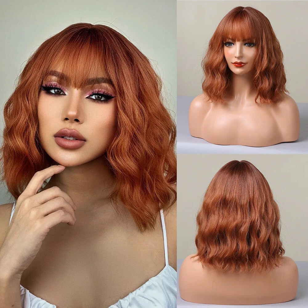

US Natural Ombre Orange Synthetic Hair Wigs Women Curly Wig with Bangs Daily Use