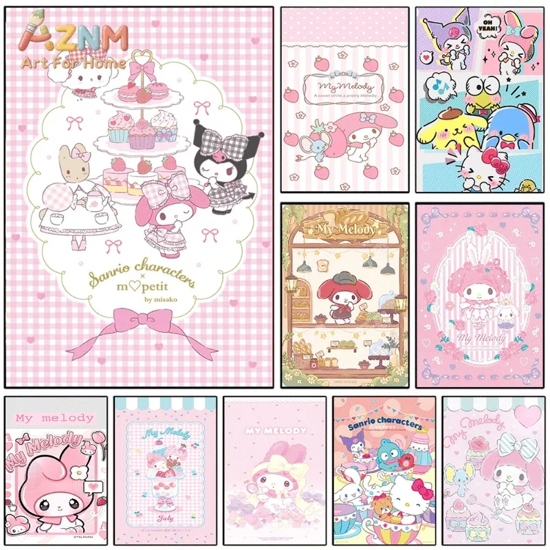 `My Melody Sanrio Kawaii Canvas Wall Art Unframed Poster For Girls Room Sweet Dessert Aesthetic Bedroom Dorm Wall Decor`