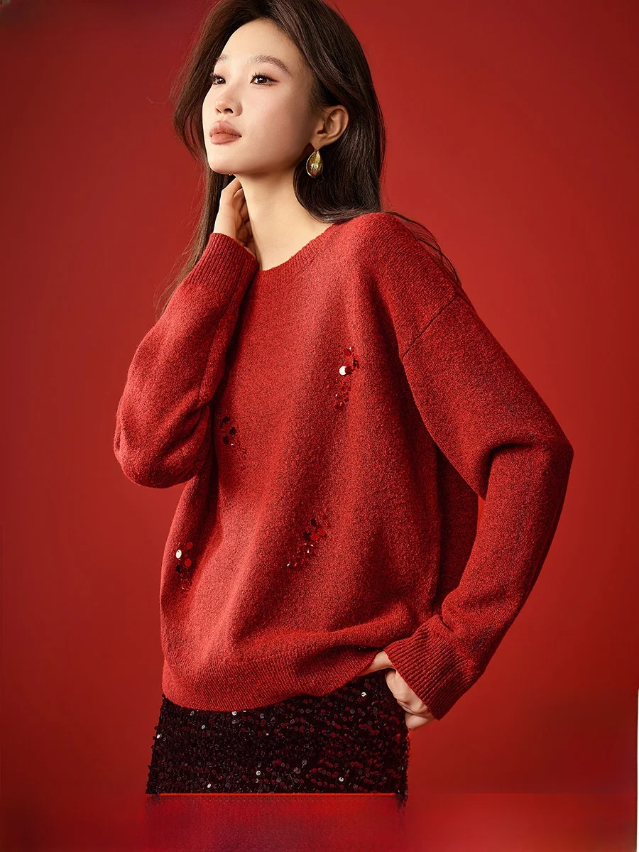 

Mehai New Year's Knitwear Loose Heavy oulder round Ne Sequin Brightening Agel Women's Casual Sle Polyester Fiber