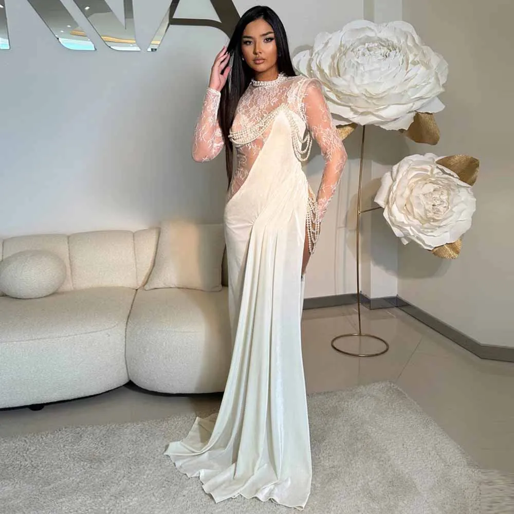 

Сексуальные женские вечерние платья Кружевное платье-футляр/колонна знаменитости цвета слоновой кости с круглым вырезом и жемчугом Драпированные платья для выпускного вечера с разрезом по бокам для женщин