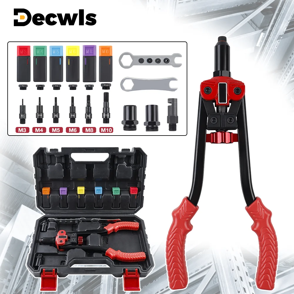 

Инструмент для заклепок 3 в 1, заклепочный пистолет, набор разверток, новый ручной заклепочник, профессиональный резьбовой инструмент, набор для тяжелых заклепочников с 5 головками заклепок и 6 метрическими оправками