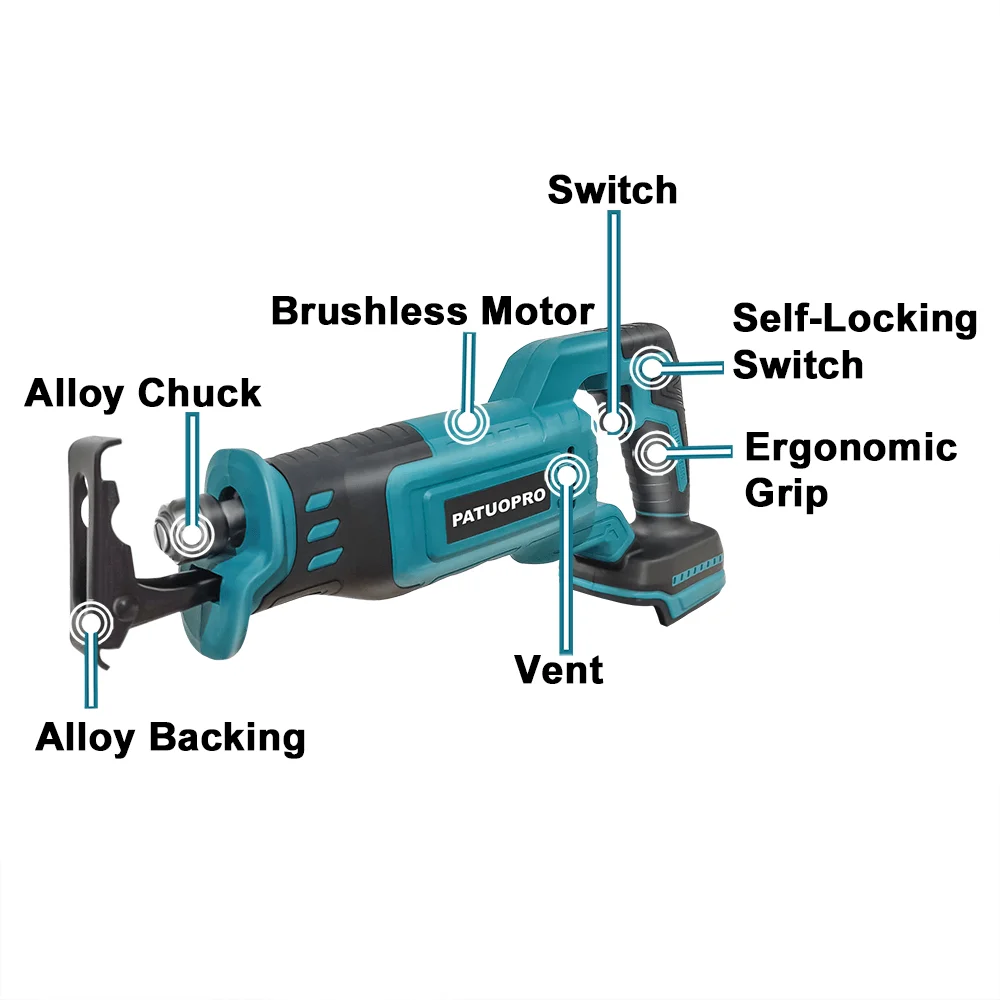 PATUOPRO Brushless Reciprocating Saw Rechargeable Cordless Electric Saw Woodworking Handheld Cutting Tool For Makita 18V Battery