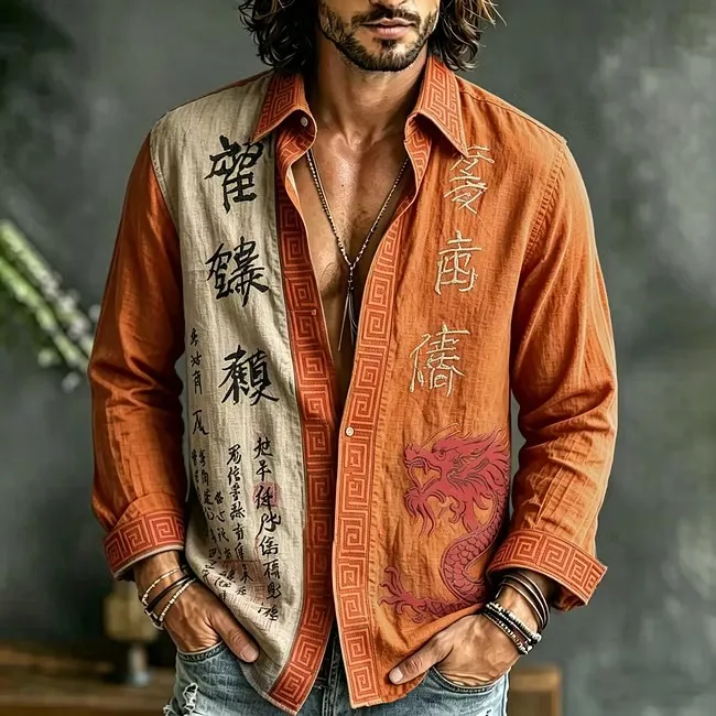 New men's Chinese calligraphy dragon pattern splicing 3D printed long sleeved shirt trendy retro lapel casual shirt