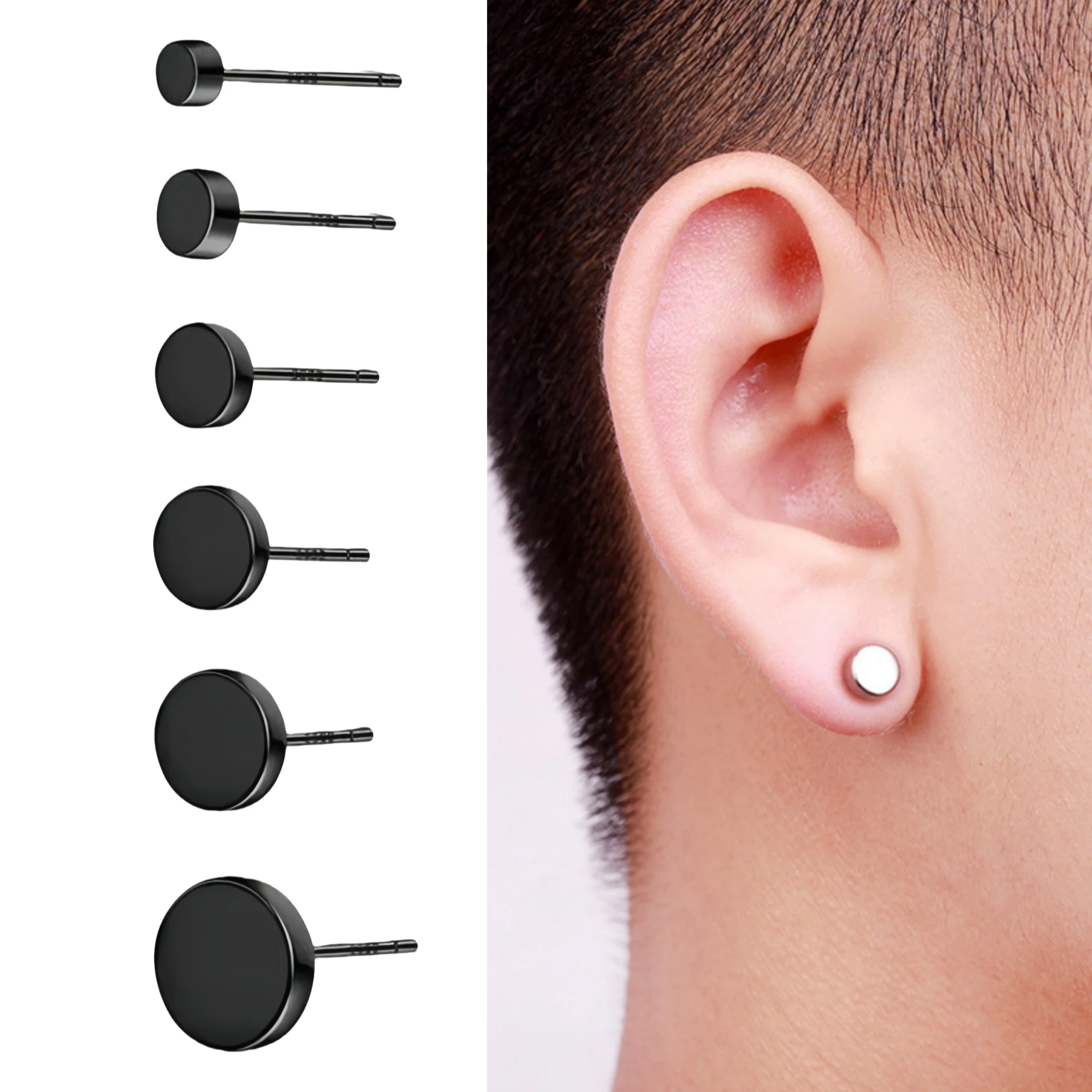 Male Women's Black Round Dot Stainless Steel Studs Earrings Punk Korean Fashion Piercings Ear Jewellery Y2k Accessories 3-10MM