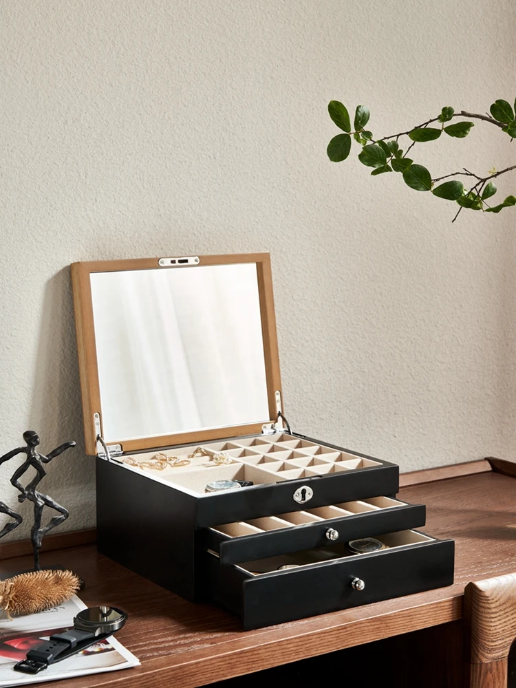 Japanese jewelry box storage box high-end hand jewelry gift earring necklace wooden drawer type solid wood jewelry box with lock