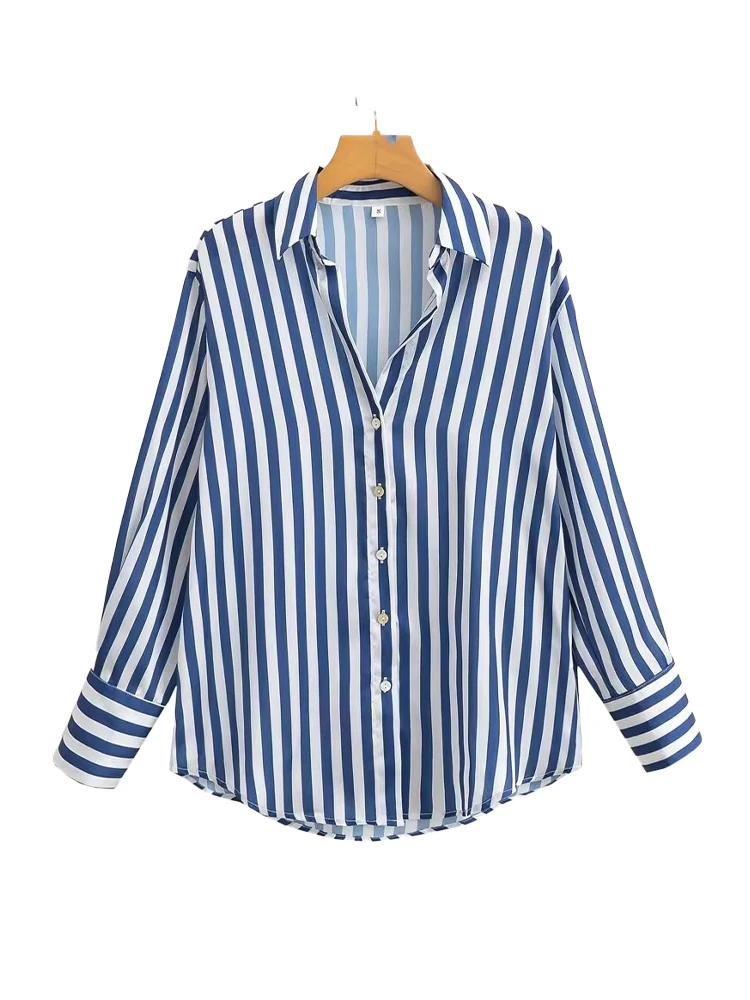HH Women Stripe Long Sleeve Blouse Vintage Lady Top Y2K Loose Street Shirts Spring New Fashion Button Up Satin Shirt Blouse