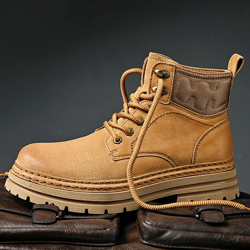 2025 الرجال جلد الخنزير الرجعية أحذية عمل غير رسمية جلد طبيعي عالية أعلى أحذية العمل رجل اصفرار البني حذاء من الجلد يصعب ارتداء