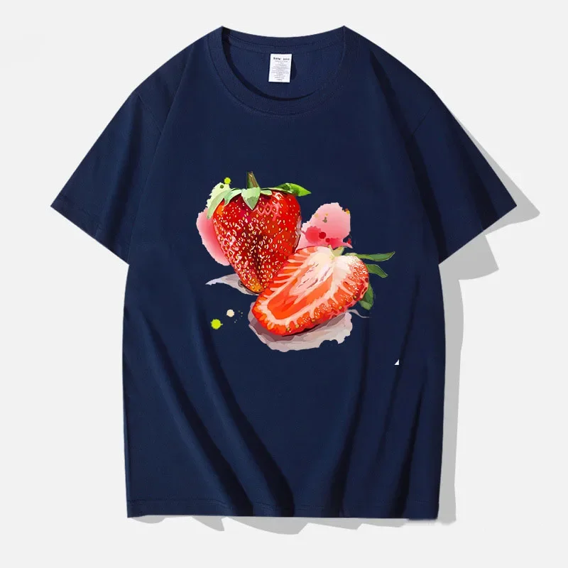 Maycaur New Kawaii Fruits Strawberry Print Women Tops Casual Female Short-sleeved Streetwear Black Round Neck Oversized T-shirts