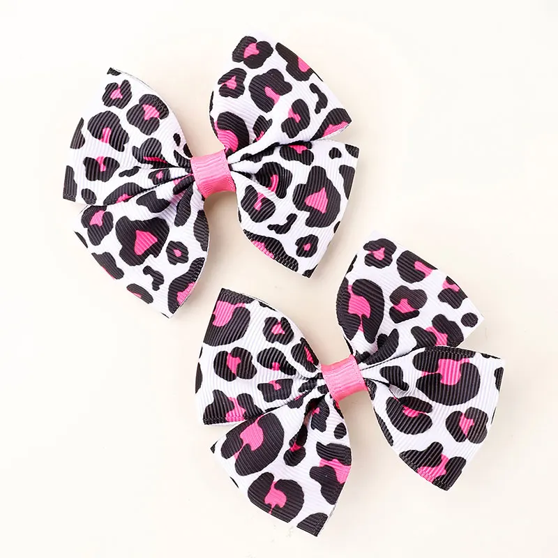 2Pcs Cute Cow Hair Clips Grosgrain Ribbon Leopard Printing Bows Hairpins Girls Hairpin Headwear Kids Barrettes Hair Accessorie