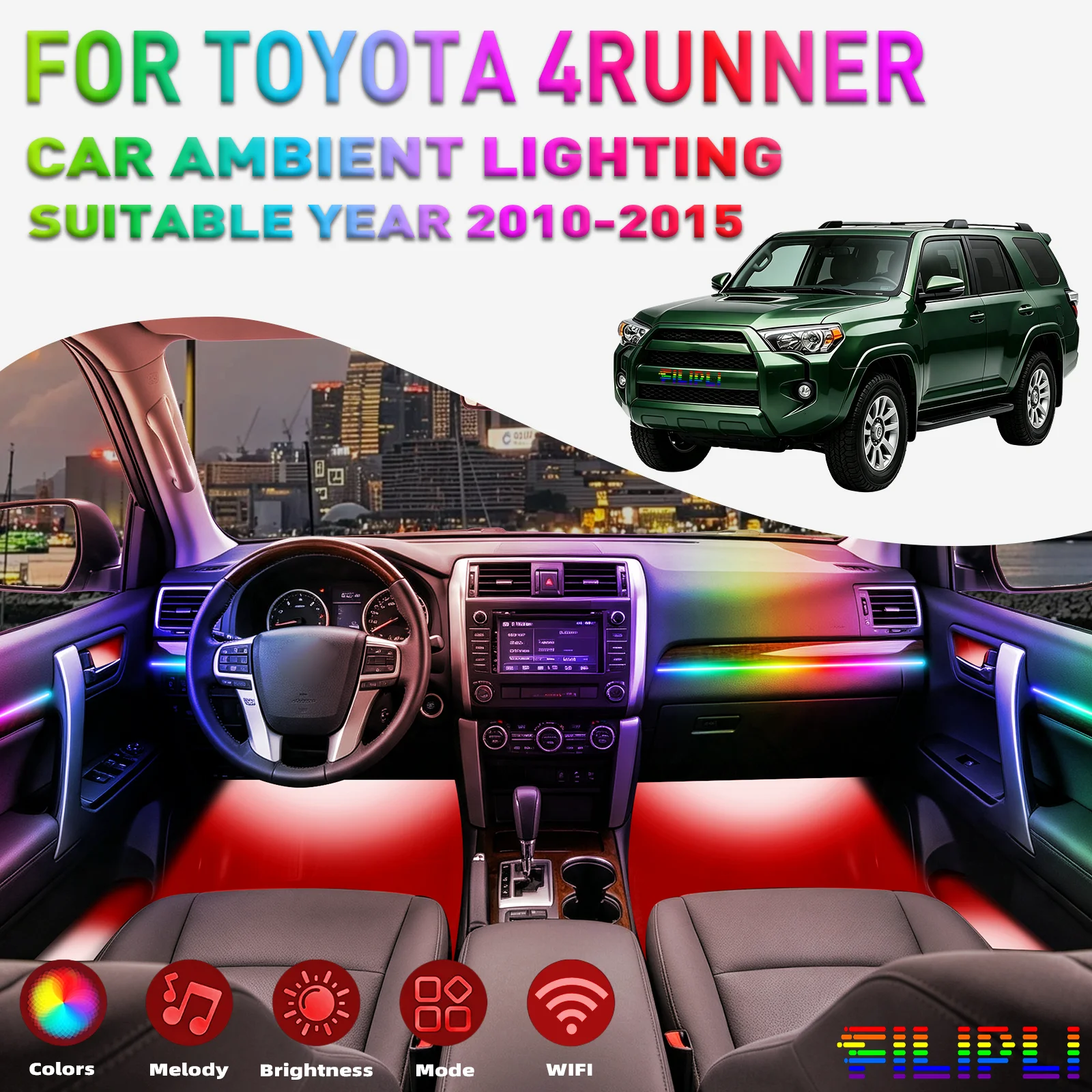 For TOYOTA 4Runner 2010‑2015 18 Lights Kit 256 Colors DREAMCOLOR 18 in 1 Hidden Acrylic LED Strip Segmented Flowing Glow Neon Light Strip Separate Section Chase Lighting Custom SUV Interior Styling Upgrade Kits