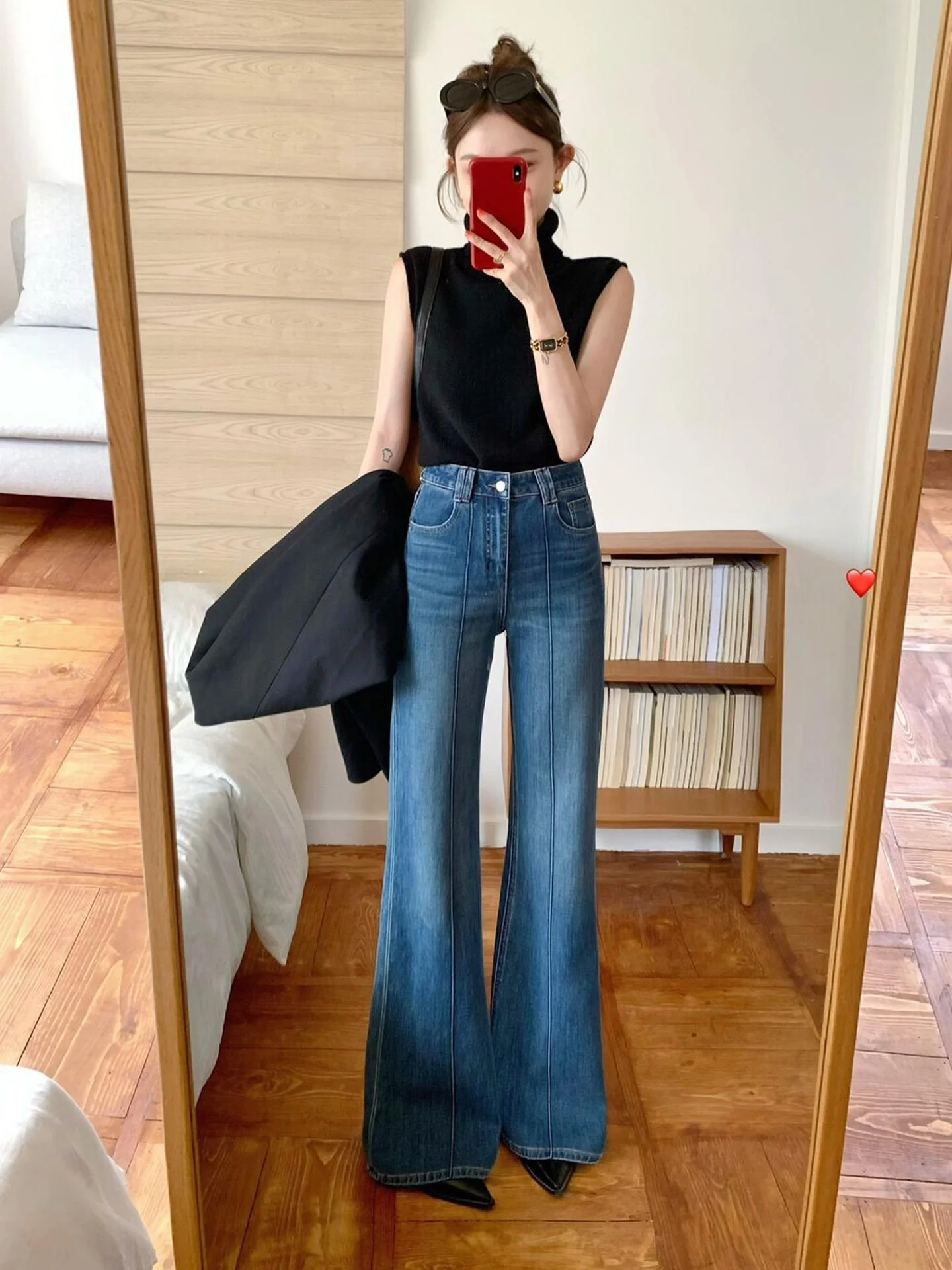 Bleu taille haute évasé jambe droite jean femmes Premium Denim pantalon Dongda Gate automne nouveau Sle décontracté taille haute jean