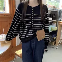 French crew-neck sweater Women's half-open neck breasted horizontal striped long sleeve pullover cashmere sweater loose knit top - Image 4