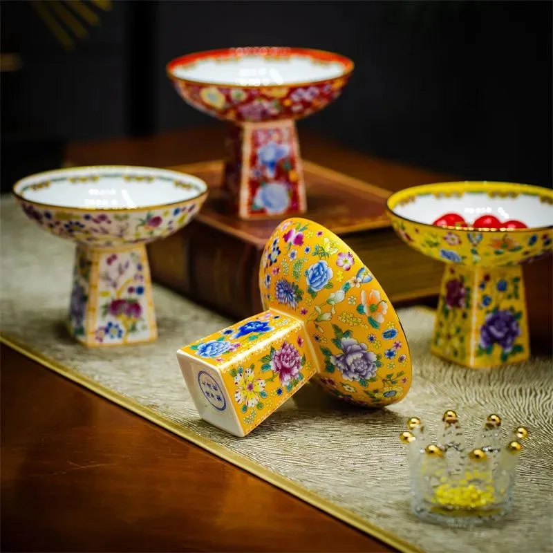 

Jingdezhen Enamel Colored Chinese Style Fruit Storage Tray Ceramic High Footed Fruit Tray Living Room Tea Dessert Plate ZI84