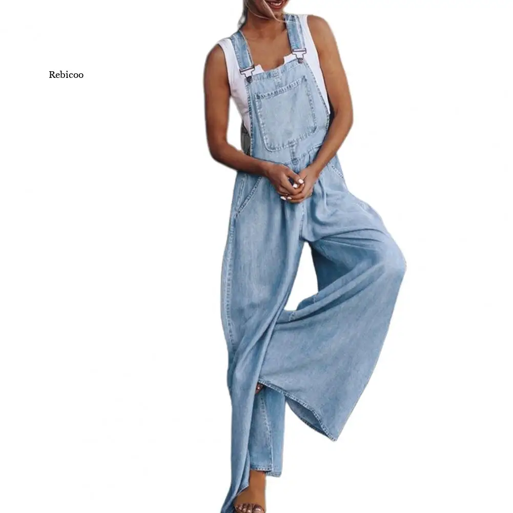 

denim overalls jumpsuit women Wide Leg Casual Sleeveless High Waist Denim jumpsuit Loose jumpsuit women monos